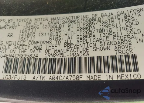 2012 Toyota Tacoma Base V6 из США, поврежденный, VIN 3TMLU4EN4CM095824